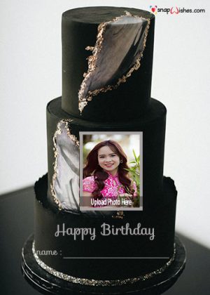beautiful black fondant cake design for birthday with name and photo