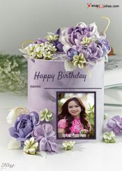 beautiful purple flowers birthday cake with name and photo edit