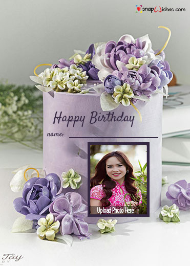 beautiful purple flowers birthday cake with name and photo edit