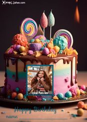 candy theme birthday cake for girl with name and photo edit