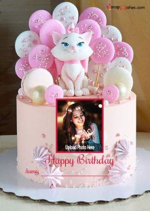 cute cat birthday cake with name and photo card