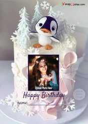 cute penguin birthday cake image with name and photo frame