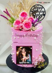 happy birthday pink cake with name and photo edit online