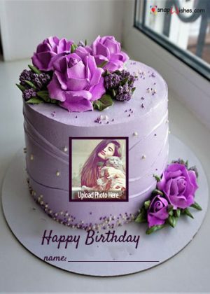 latest birthday cake purple flowers with name and photo edit