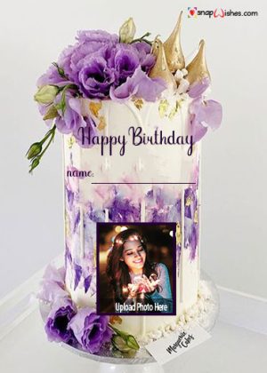 purple flower birthday cake with name and photo