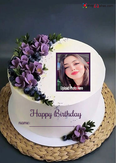 purple flowers birthday cake with name and photo edit