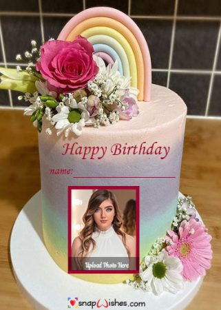 Rainbow Cake Design with Name and Photo - Create Unique Birthday Wishes