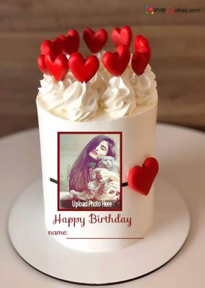 red heart birthday cake with name and photo frame