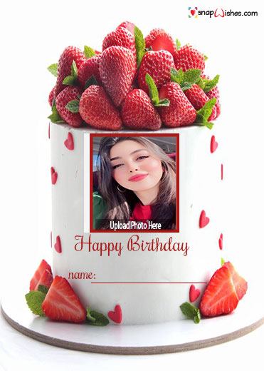 strawberry cake design for birthday with name and photo edit online